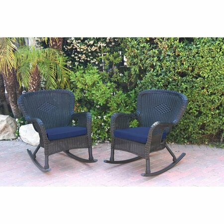 JECO W00214-R-2-FS011 Windsor Black Resin Wicker Rocker Chair with Blue Cushion, 2PK W00214-R_2-FS011